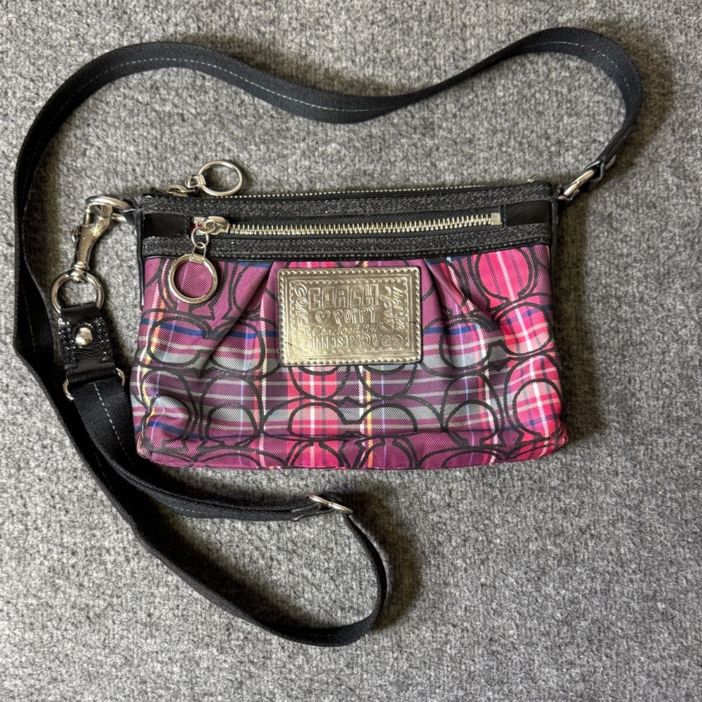 Coach Poppy Plaid‎ Signature Crossbody Bag Black Pink Silver Hardware